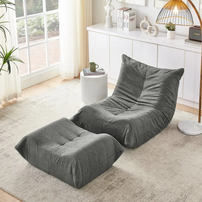 Fauteuil Lazy en peluche teddy gris avec repose-pieds, mousse haute densité VERTEXMORKYNATH