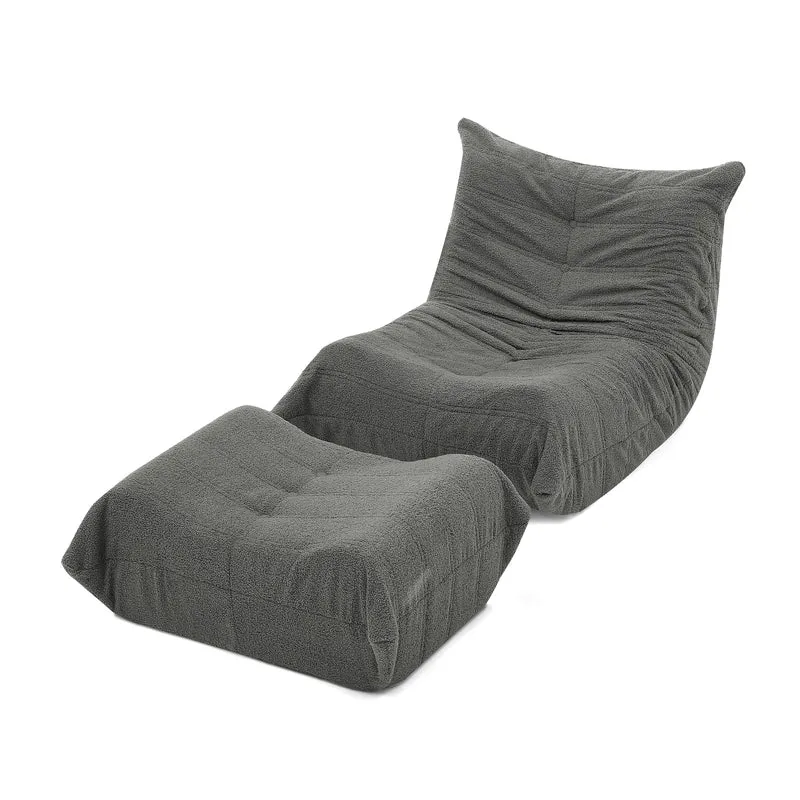 Fauteuil Lazy en peluche teddy gris avec repose-pieds, mousse haute densité VERTEXMORKYNATH