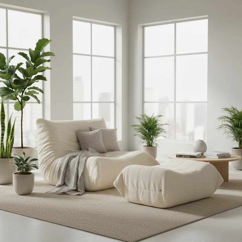 Fauteuil Lazy en peluche teddy beige avec repose-pieds, mousse haute densité VERTEXVALTHYNOR