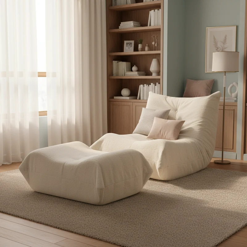 Fauteuil Lazy en peluche teddy beige avec repose-pieds, mousse haute densité VERTEXVALTHYNOR