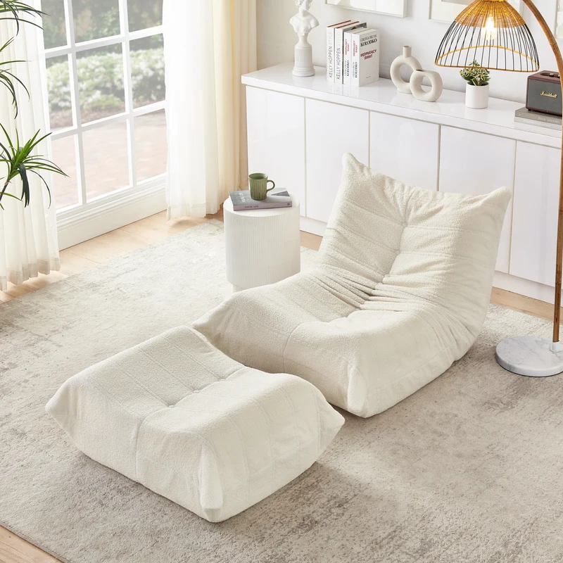 Fauteuil Lazy en peluche teddy beige avec repose-pieds, mousse haute densité VERTEXVALTHYNOR