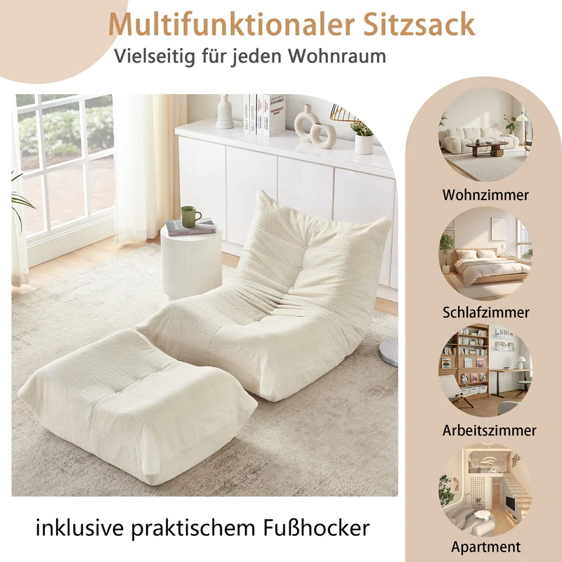 Fauteuil Lazy en peluche teddy beige avec repose-pieds, mousse haute densité VERTEXVALTHYNOR
