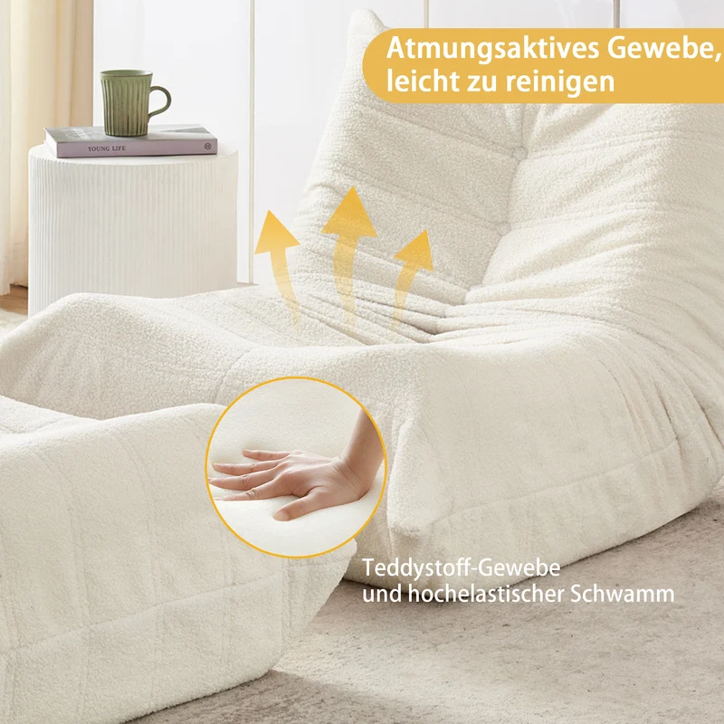 Fauteuil Lazy en peluche teddy beige avec repose-pieds, mousse haute densité VERTEXVALTHYNOR