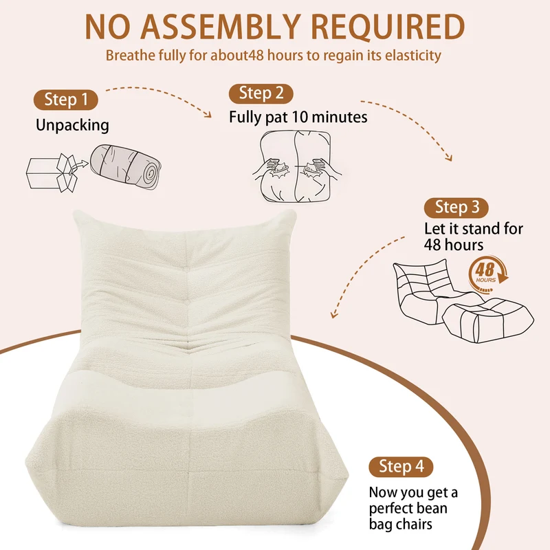 Fauteuil Lazy en peluche teddy beige avec repose-pieds, mousse haute densité VERTEXVALTHYNOR