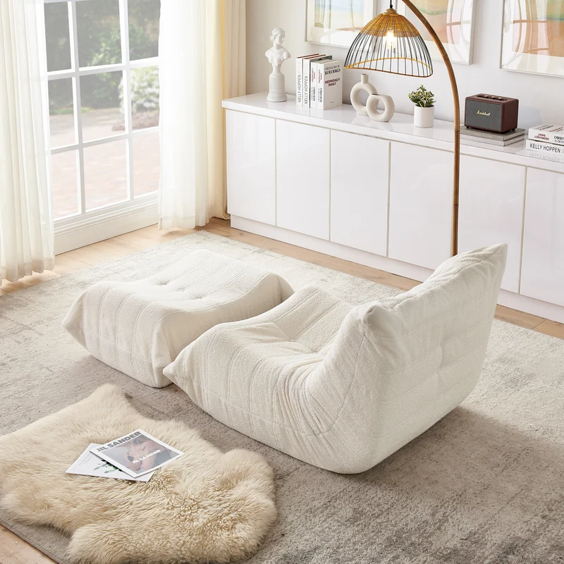 Fauteuil Lazy en peluche teddy beige avec repose-pieds, mousse haute densité VERTEXVALTHYNOR