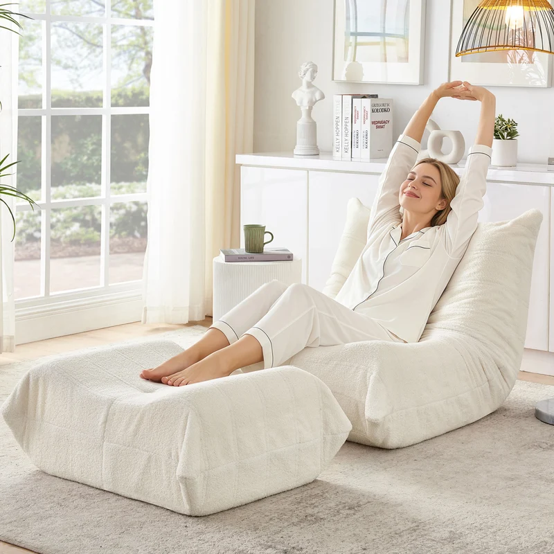 Fauteuil Lazy en peluche teddy beige avec repose-pieds, mousse haute densité VERTEXVALTHYNOR