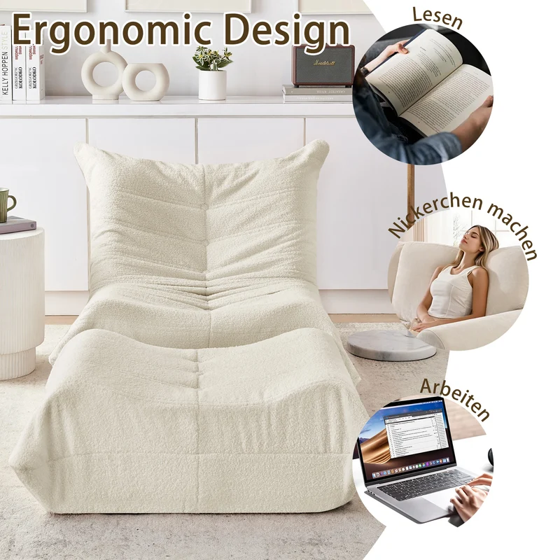 Fauteuil Lazy en peluche teddy beige avec repose-pieds, mousse haute densité VERTEXVALTHYNOR