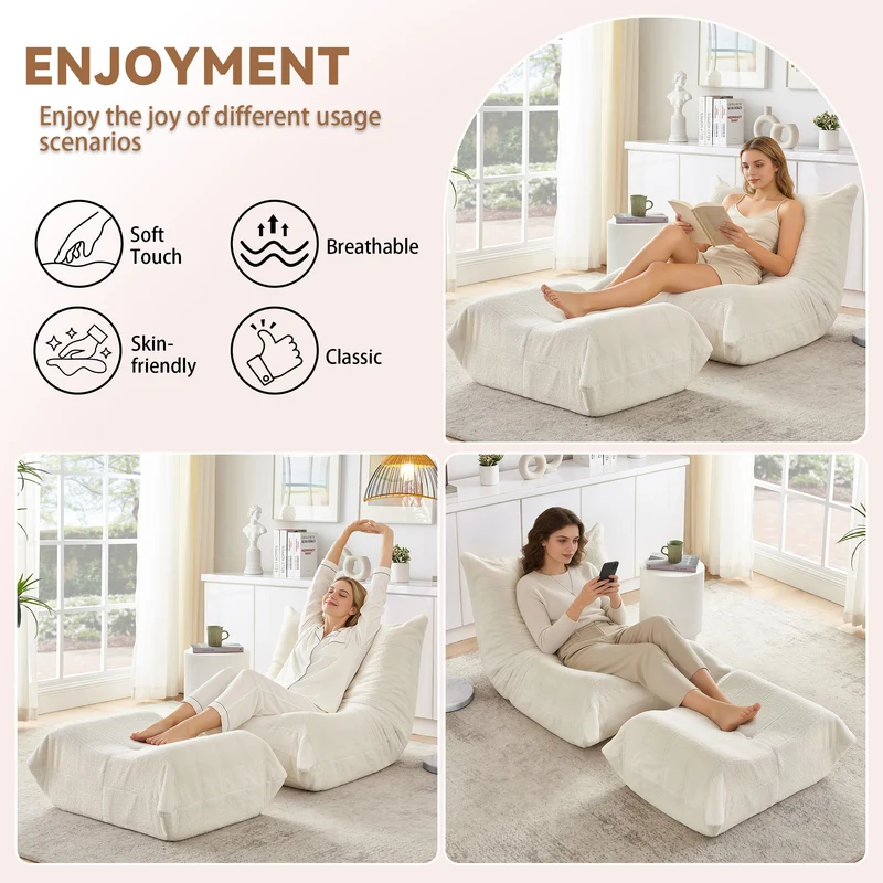 Fauteuil Lazy en peluche teddy beige avec repose-pieds, mousse haute densité VERTEXVALTHYNOR