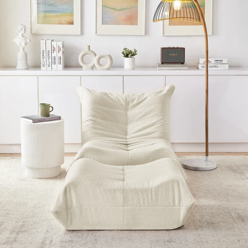 Fauteuil Lazy en peluche teddy beige avec repose-pieds, mousse haute densité VERTEXVALTHYNOR