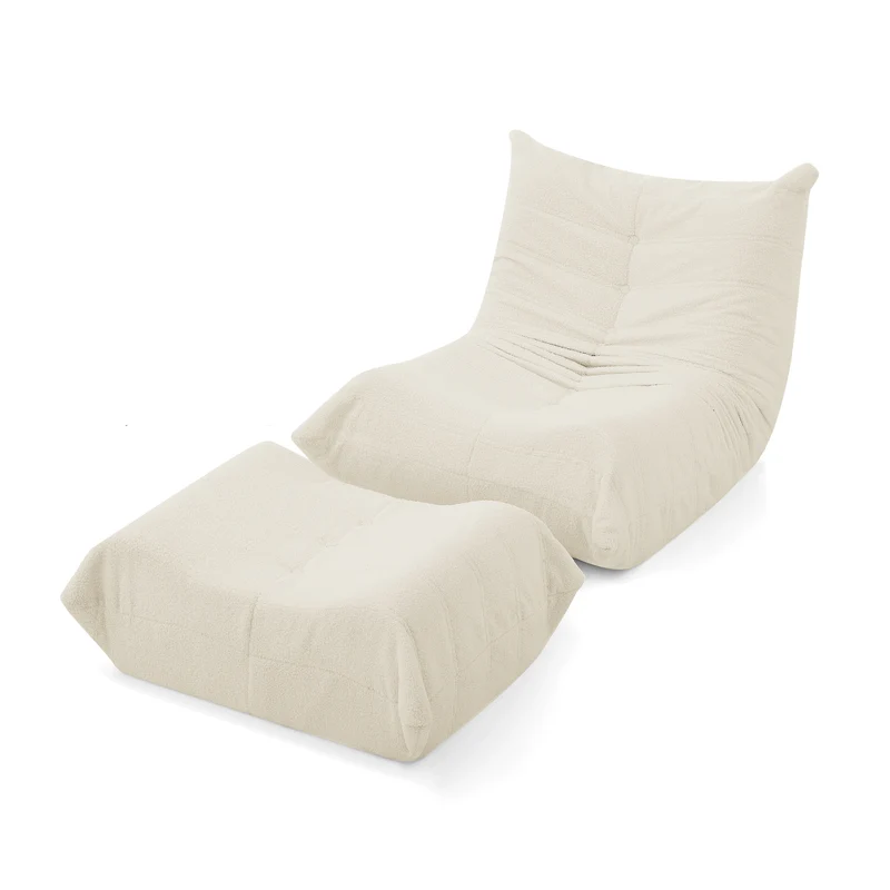 Fauteuil Lazy en peluche teddy beige avec repose-pieds, mousse haute densité VERTEXVALTHYNOR