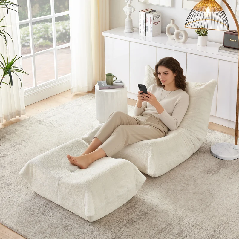 Fauteuil Lazy en peluche teddy beige avec repose-pieds, mousse haute densité VERTEXVALTHYNOR