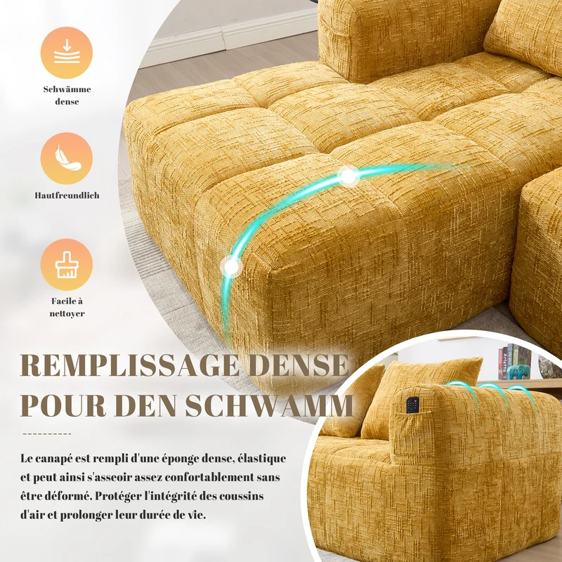 Canapé d'angle 3 places en chenille jaune, sans montage, avec méridienne et poches latérales VERTEXMYRATHOR