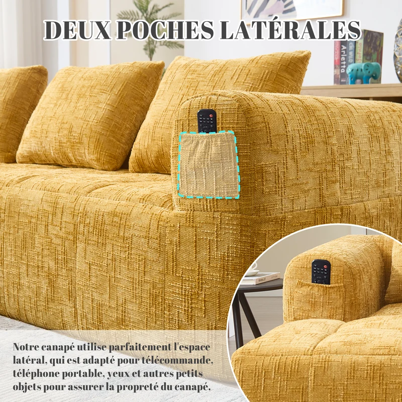 Canapé d'angle 3 places en chenille jaune, sans montage, avec méridienne et poches latérales VERTEXMYRATHOR