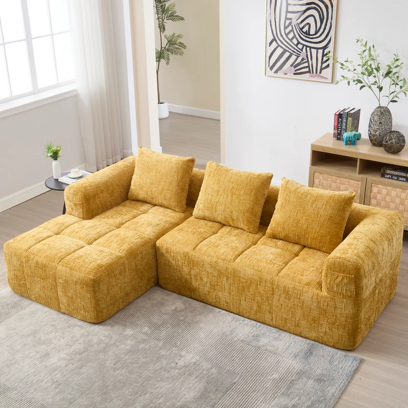 Canapé d'angle 3 places en chenille jaune, sans montage, avec méridienne et poches latérales VERTEXMYRATHOR