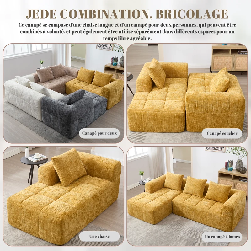 Canapé d'angle 3 places en chenille jaune, sans montage, avec méridienne et poches latérales VERTEXMYRATHOR
