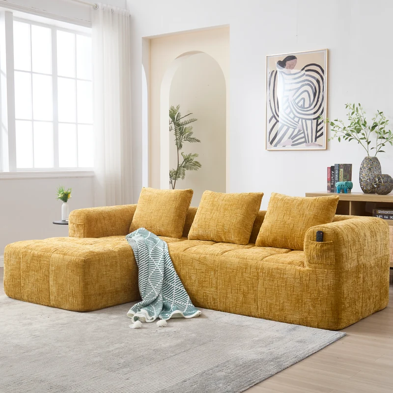 Canapé d'angle 3 places en chenille jaune, sans montage, avec méridienne et poches latérales VERTEXMYRATHOR