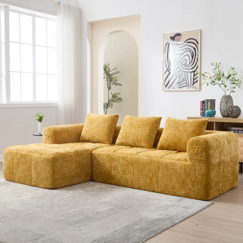 Canapé d'angle 3 places en chenille jaune, sans montage, avec méridienne et poches latérales VERTEXMYRATHOR