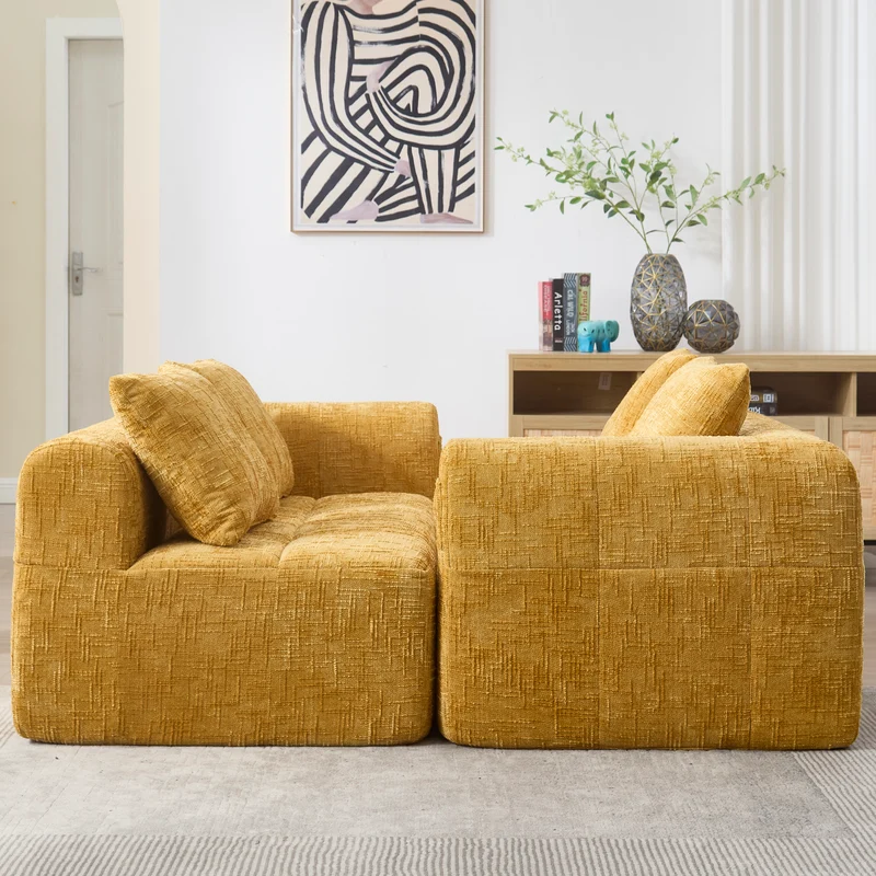Canapé d'angle 3 places en chenille jaune, sans montage, avec méridienne et poches latérales VERTEXMYRATHOR