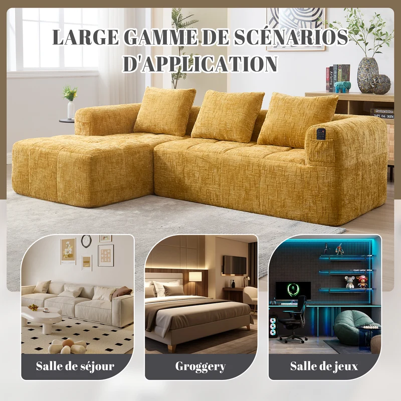 Canapé d'angle 3 places en chenille jaune, sans montage, avec méridienne et poches latérales VERTEXMYRATHOR