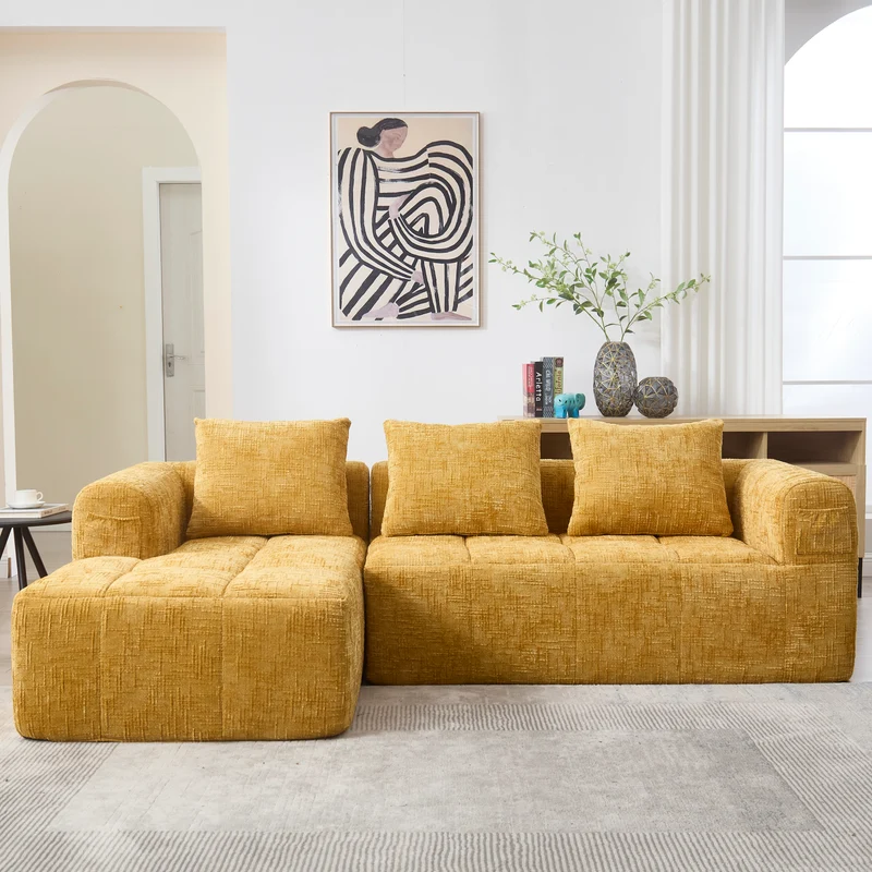 Canapé d'angle 3 places en chenille jaune, sans montage, avec méridienne et poches latérales VERTEXMYRATHOR