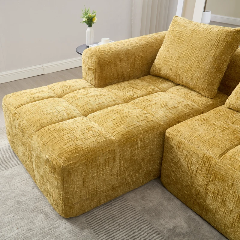 Canapé d'angle 3 places en chenille jaune, sans montage, avec méridienne et poches latérales VERTEXMYRATHOR