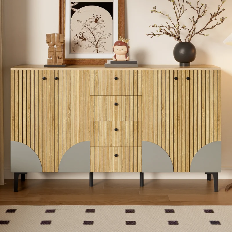 Buffet effet bois avec 4 portes cannelées 4 tiroirs 160x36x94cm RIFTKAELISYN