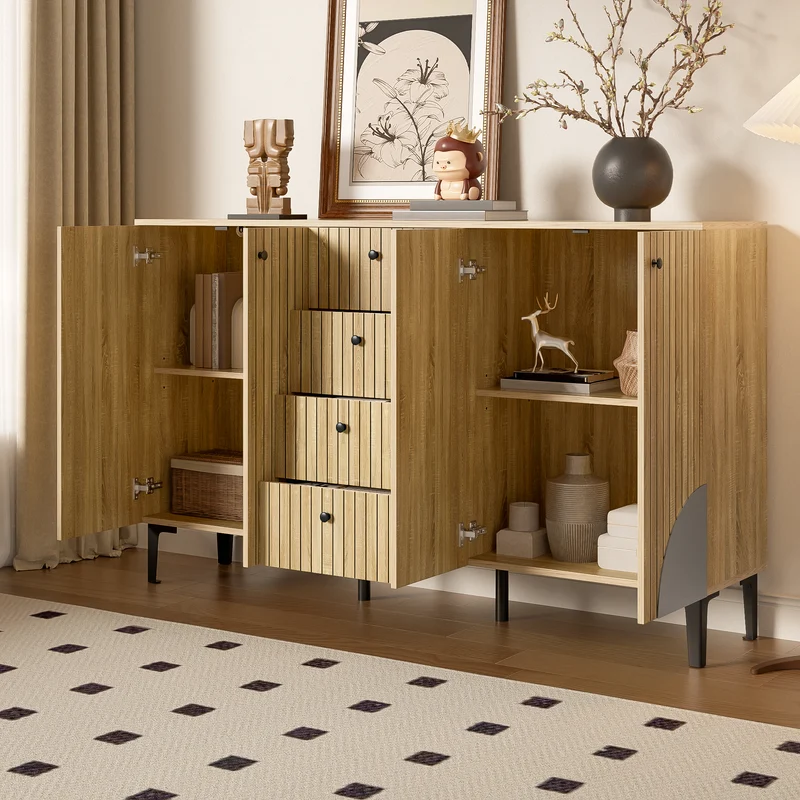 Buffet effet bois avec 4 portes cannelées 4 tiroirs 160x36x94cm RIFTKAELISYN