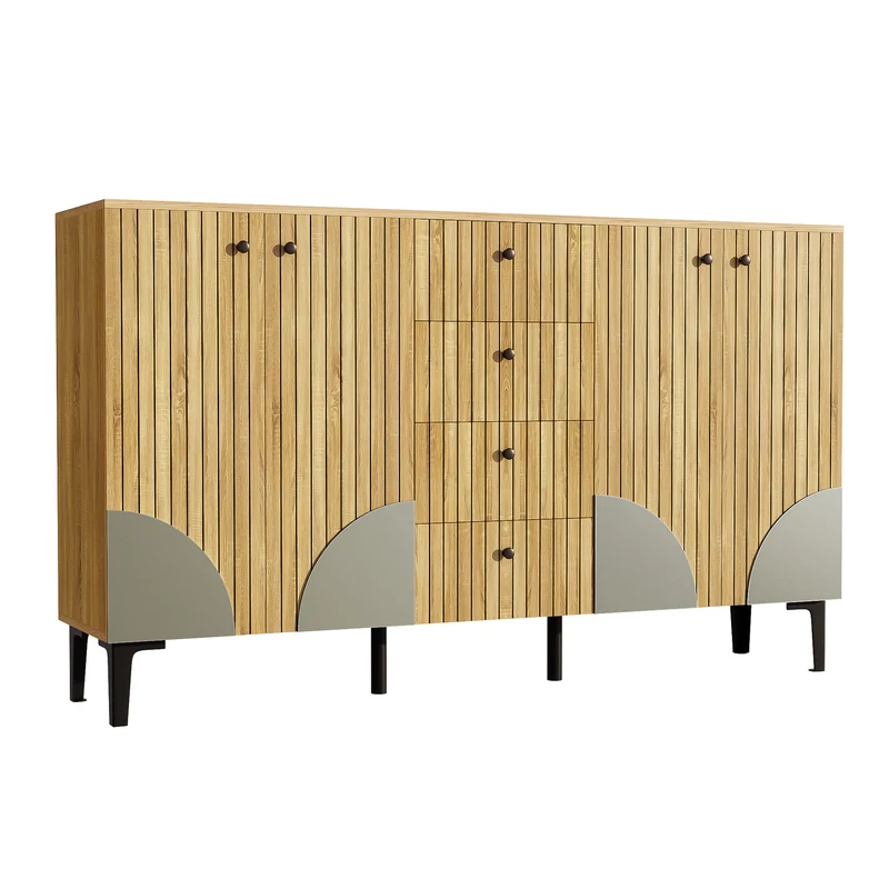 Buffet effet bois avec 4 portes cannelées 4 tiroirs 160x36x94cm RIFTKAELISYN