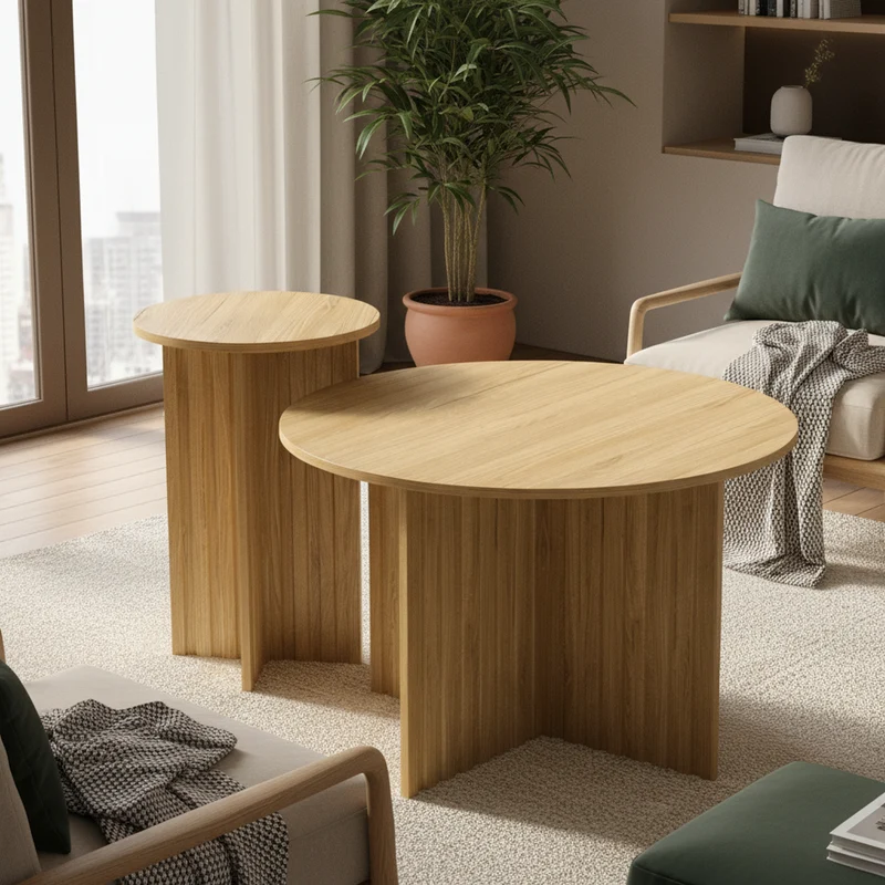 Ensemble de tables basses gigognes rondes effet bois piètement cannelé RIFTVYNRAKYN