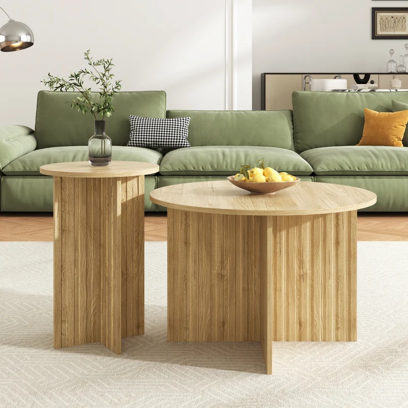 Ensemble de tables basses gigognes rondes effet bois piètement cannelé RIFTVYNRAKYN