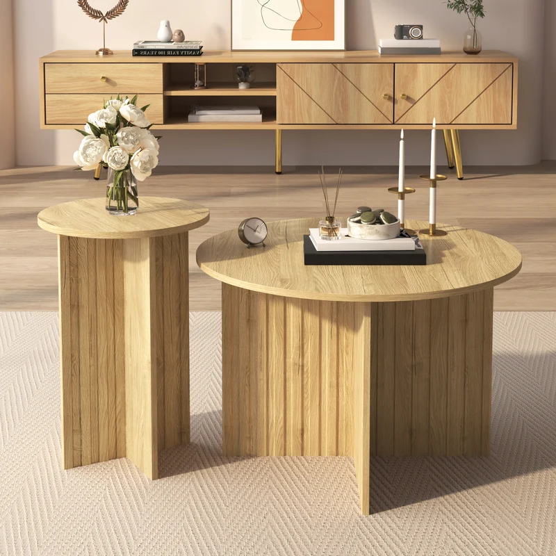 Ensemble de tables basses gigognes rondes effet bois piètement cannelé RIFTVYNRAKYN