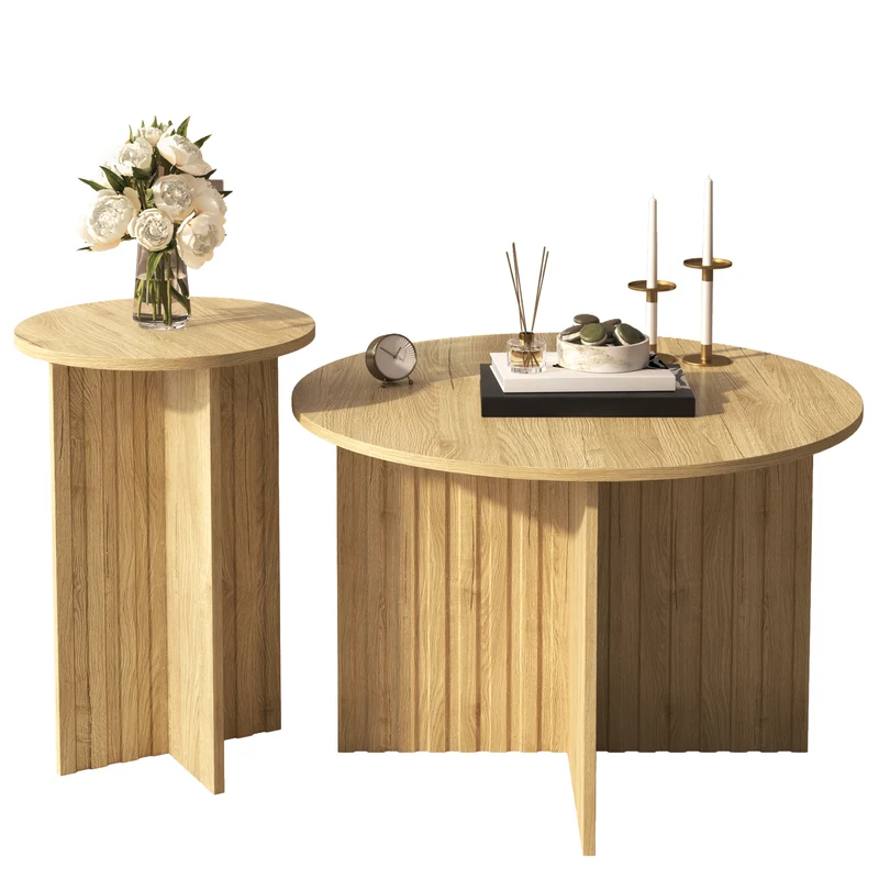 Ensemble de tables basses gigognes rondes effet bois piètement cannelé RIFTVYNRAKYN