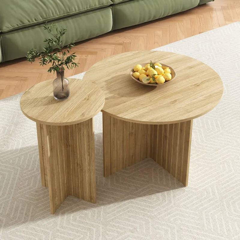 Ensemble de tables basses gigognes rondes effet bois piètement cannelé RIFTVYNRAKYN