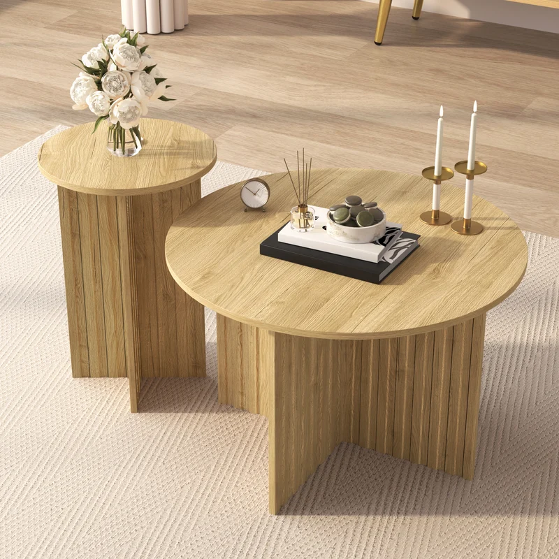 Ensemble de tables basses gigognes rondes effet bois piètement cannelé RIFTVYNRAKYN