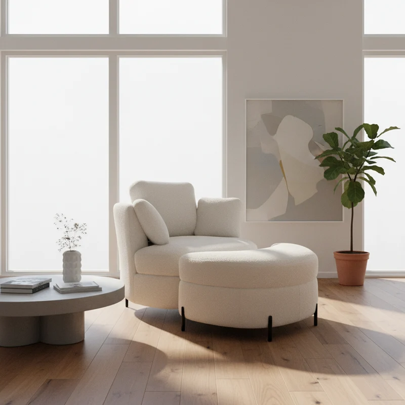 Fauteuil XXL moderne bouclé beige 3 coussins avec pouf ultra-confortable VERTEXZORATHYNATH