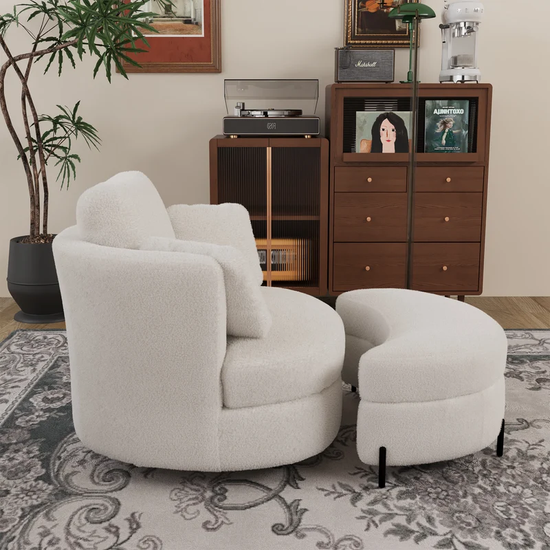Fauteuil XXL moderne bouclé beige 3 coussins avec pouf ultra-confortable VERTEXZORATHYNATH