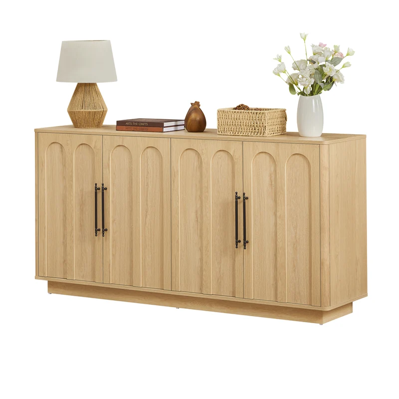 Buffet effet bois chêne motif d'arche gravé poignées noires 160*40*80cm VERTEXMYRKONATH