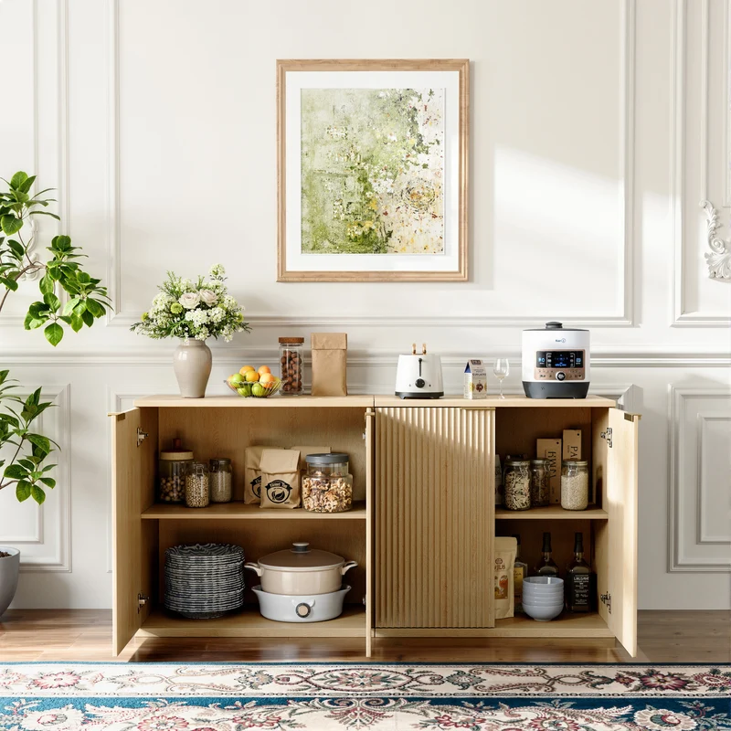 Buffet effet bois clair façade cannelée et finition dorée 80x40x80 cm VERTEXSYLTHYNOR