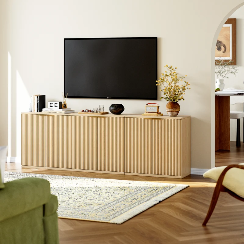 Buffet effet bois clair façade cannelée et finition dorée 80x40x80 cm VERTEXSYLTHYNOR