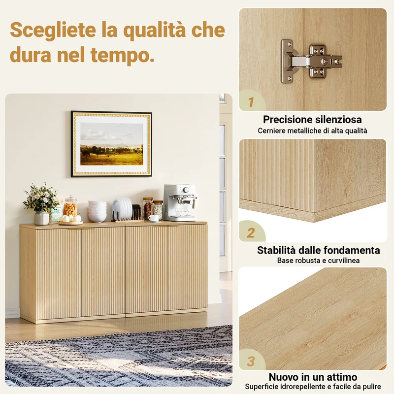 Buffet effet bois clair façade cannelée et finition dorée 80x40x80 cm VERTEXSYLTHYNOR