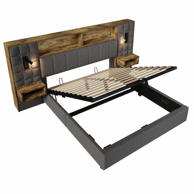 Lit coffre king en lin gris avec tables de chevet suspendues, lampes de lecture et ports USB (160x200cm) MINIMALISTORGANIZERH
