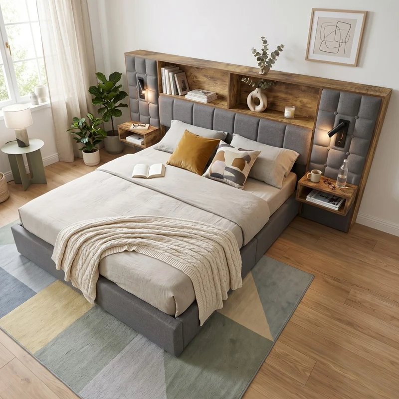 Lit coffre king en lin gris avec tables de chevet suspendues, lampes de lecture et ports USB (160x200cm) MINIMALISTORGANIZERH