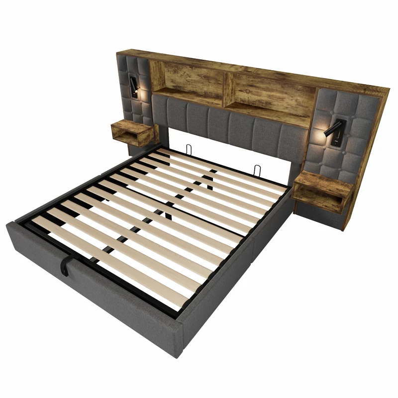 Lit coffre king en lin gris avec tables de chevet suspendues, lampes de lecture et ports USB (160x200cm) MINIMALISTORGANIZERH