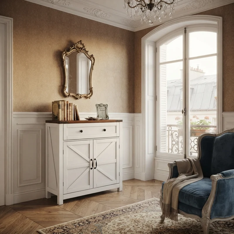 Buffet commode style ferme 2 portes et tiroir, plateau effet noyer, 76 cm LUXURY PLANT HOME
