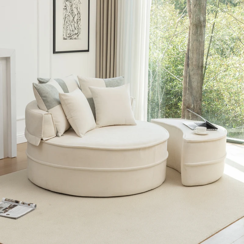 Fauteuil canapé rond chenille beige et vert pastel avec 5 coussins et pouf forme demi lune 163x121cm LAMP MARBLE