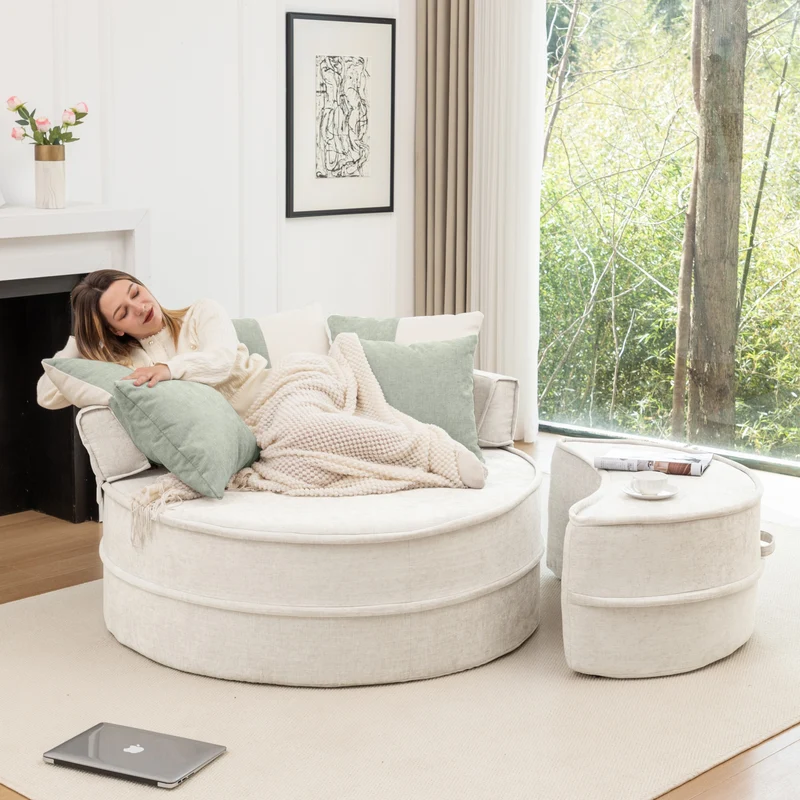 Fauteuil canapé rond chenille beige et vert pastel avec 5 coussins et pouf forme demi lune 163x121cm LAMP MARBLE