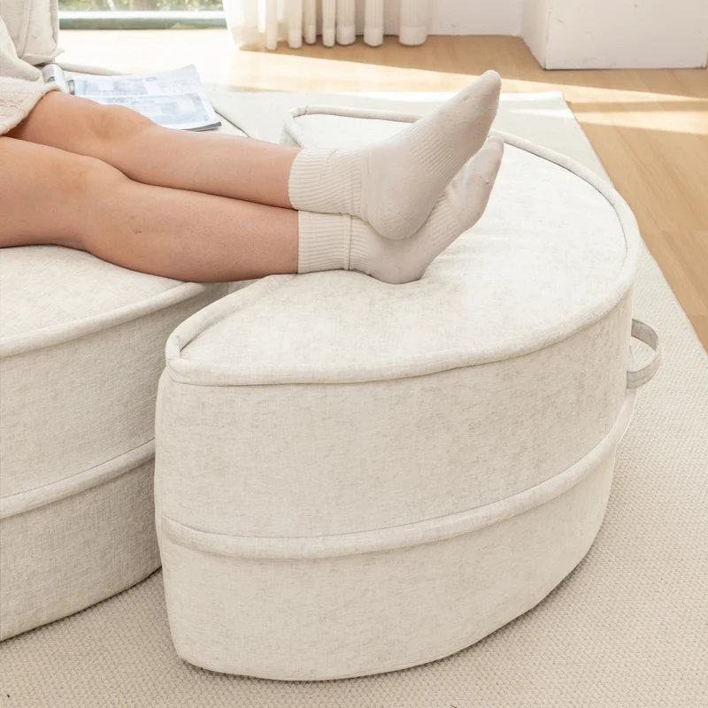 Fauteuil canapé rond chenille beige et vert pastel avec 5 coussins et pouf forme demi lune 163x121cm LAMP MARBLE