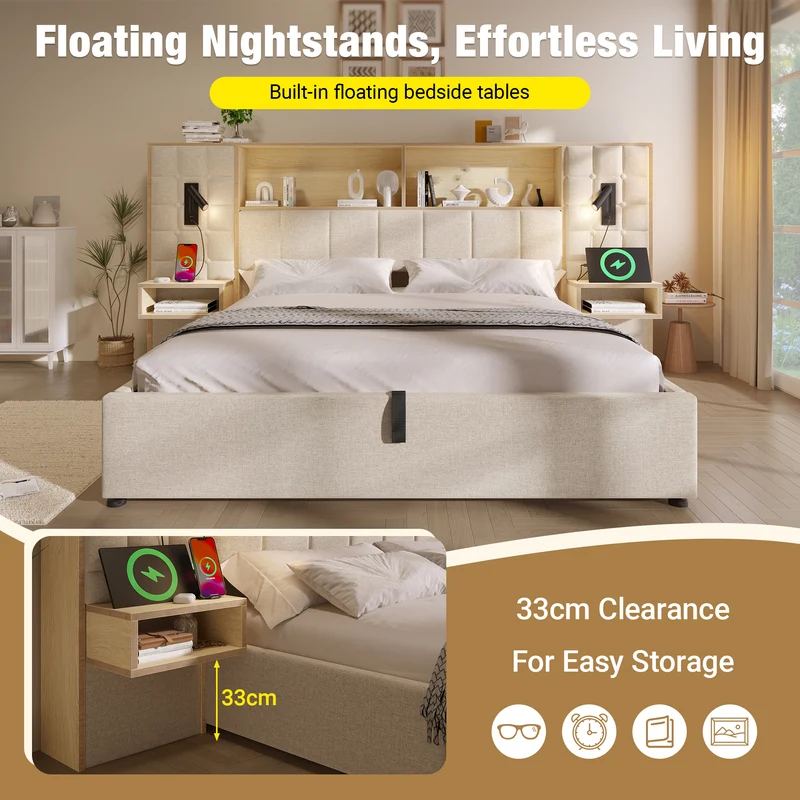 Lit coffre king en lin beige avec tables de chevet suspendues, lampes de lecture et ports USB 160x200cm MINIMALISTOTTOMANART
