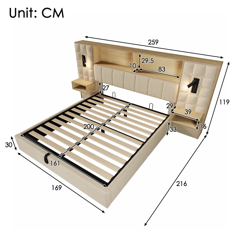 Lit coffre king en lin beige avec tables de chevet suspendues, lampes de lecture et ports USB 160x200cm MINIMALISTOTTOMANART