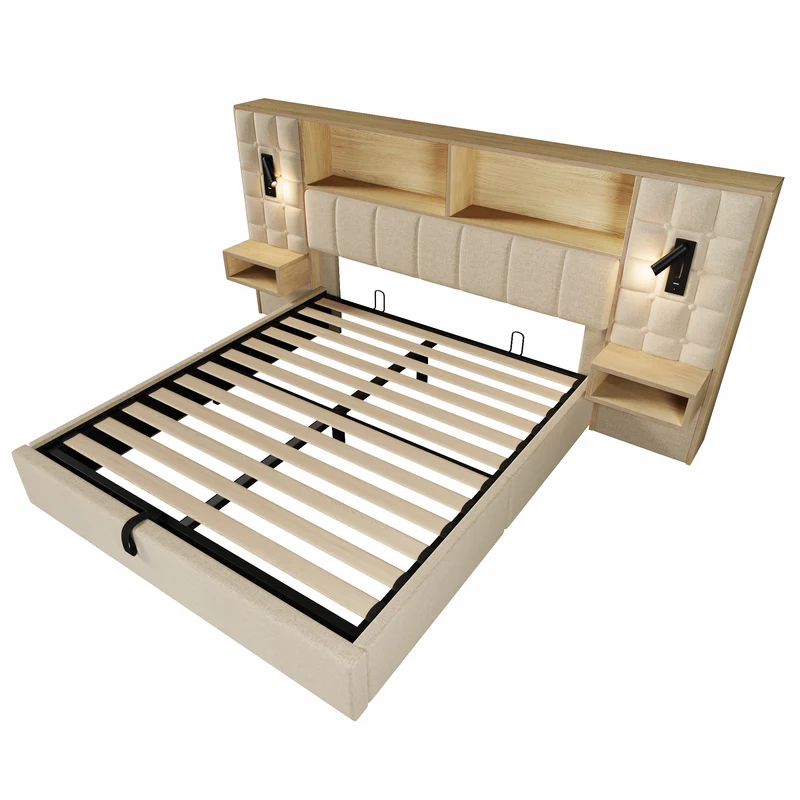 Lit coffre king en lin beige avec tables de chevet suspendues, lampes de lecture et ports USB 160x200cm MINIMALISTOTTOMANART